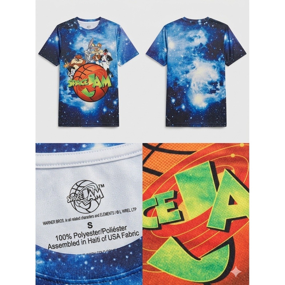 Space Jam Graphic T-Shirt Men's Small Galaxy Print Looney Tunes Basketball Tee